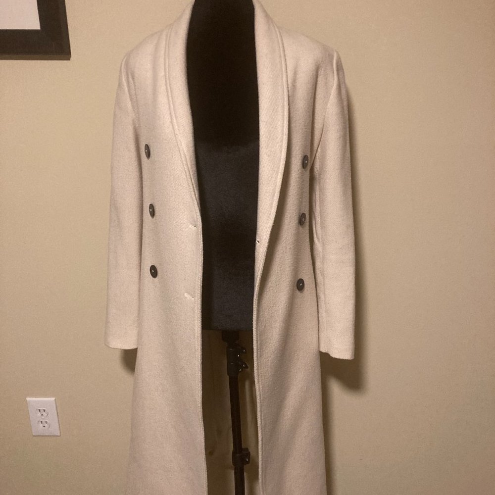 Mango Beige Wool Coat with Brown Buttons and Belt